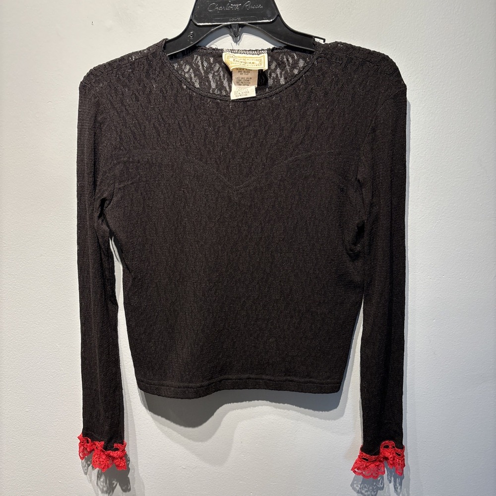 VTG Bonjour Black Sheer Lace Top Long Sleeve Whimsigoth Romantic 90's Size M‎